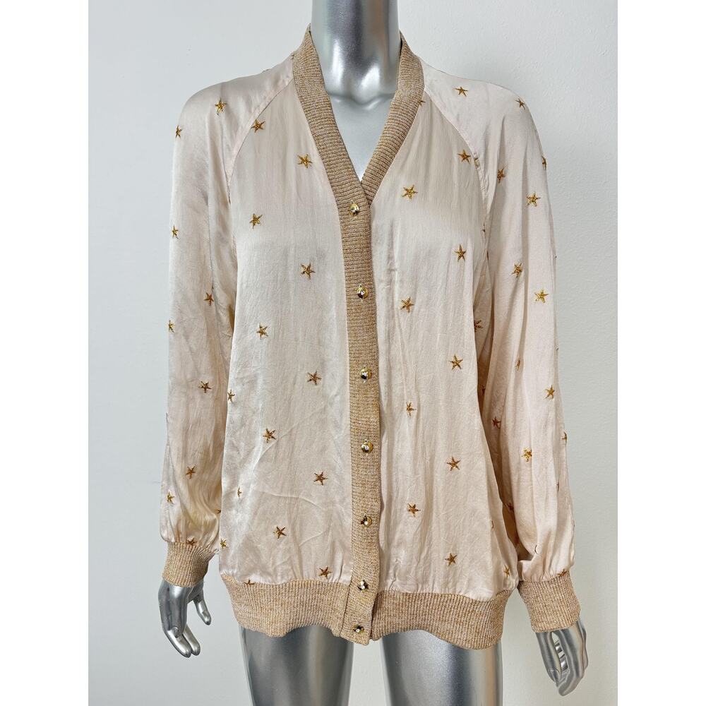 Vintage Silk Stars Top Cardigan Womens 10 Blush Gold Stars 80s Glam Oleg Cassini